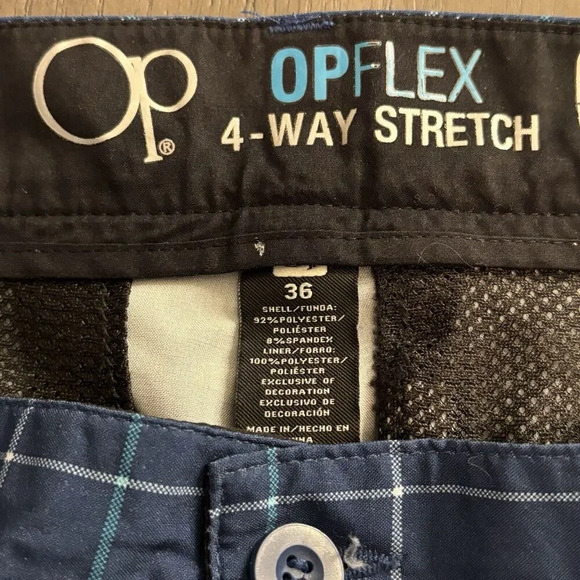 OP OPFLEX 4-Way Stretch Mens Board Shorts Blue and White Plaid Size 36 Button Up - Picture 5 of 5